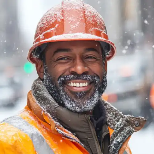 Worker smiling in snowy conditions wearing warm safe workwear